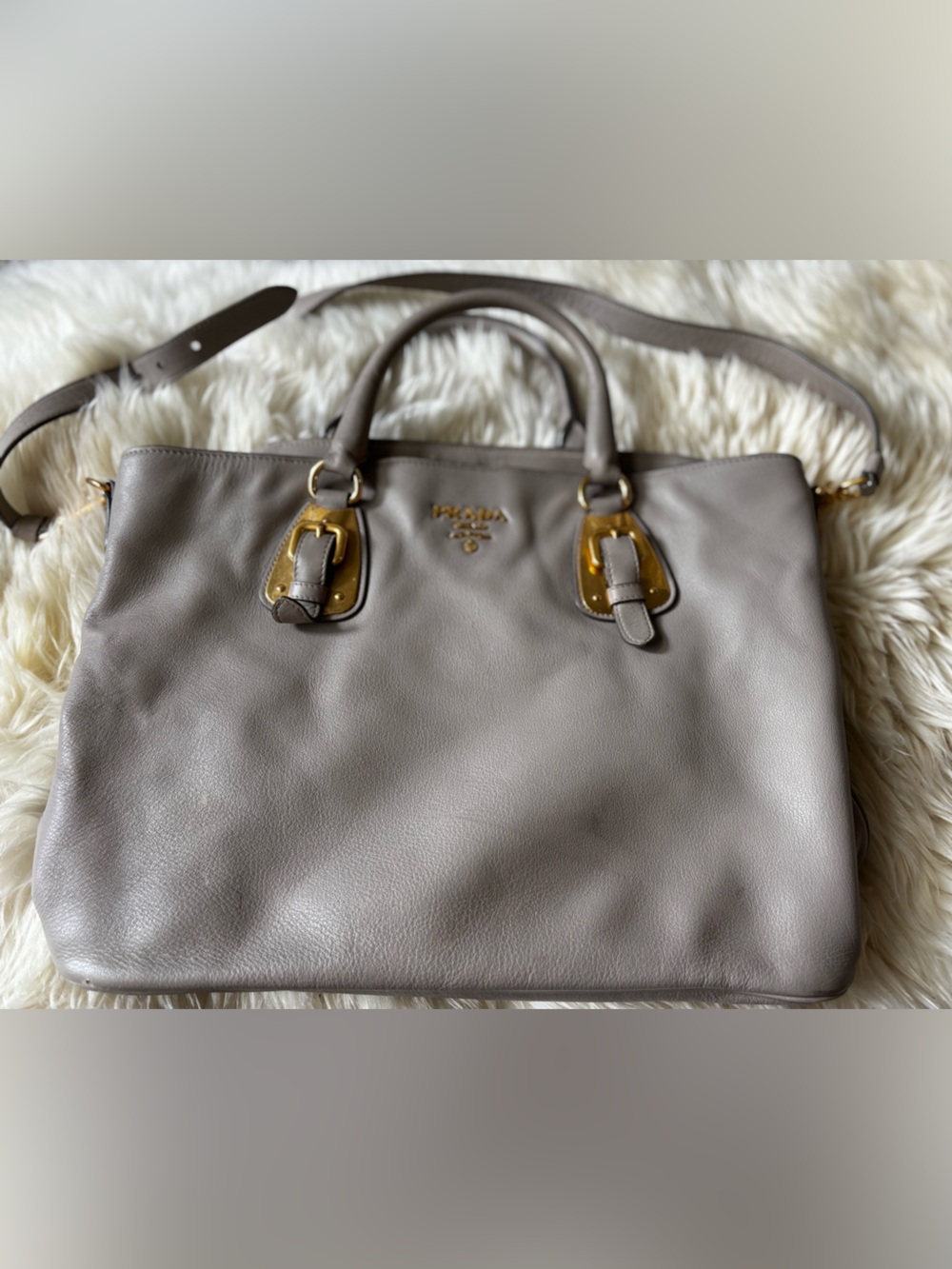 Prada Taupe Gray Leather Satchel with Gold Accents